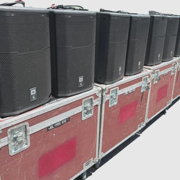 JBL PRX612M 12” Powered Speakers in Wheeled Road Case – Used